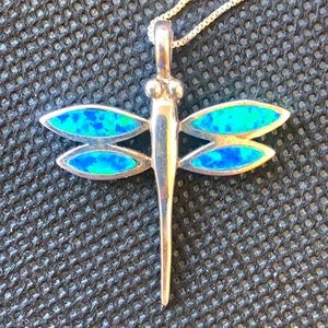 Sterling silver lab Opal Dragonfly necklace